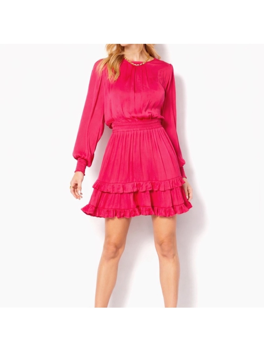 Fuchsia Long-Sleeve Ruffle Mini Dress
